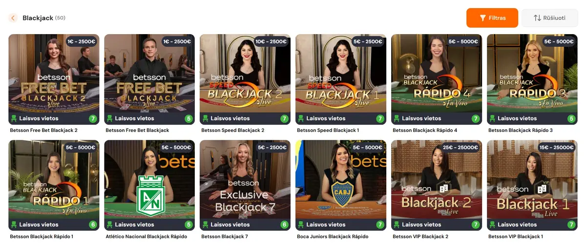 Blackjack stalų sąrašas licencijuoto operatoriaus kazino skiltyje su limitais ir laisvomis vietomis