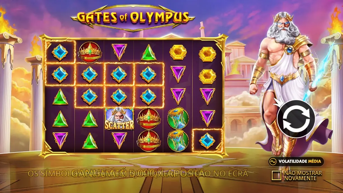 Gates of Olympus žaidimo ekranas su brangakmenių simboliais ir scatter simboliu