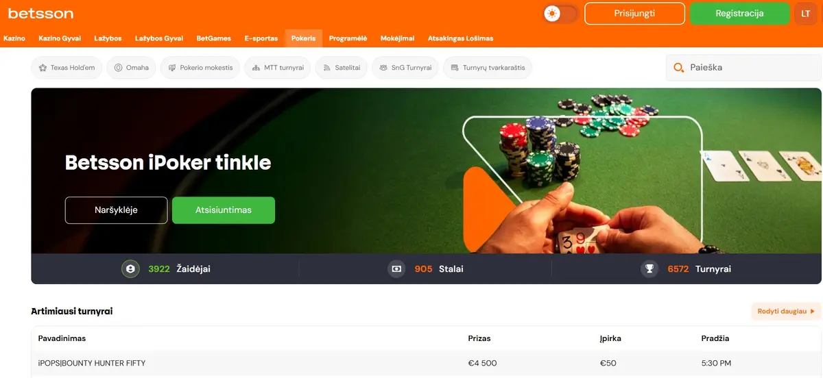 Pokerio skiltis licencijuoto operatoriaus svetainėje su turnyrų tvarkaraščiu ir tinklo statistika