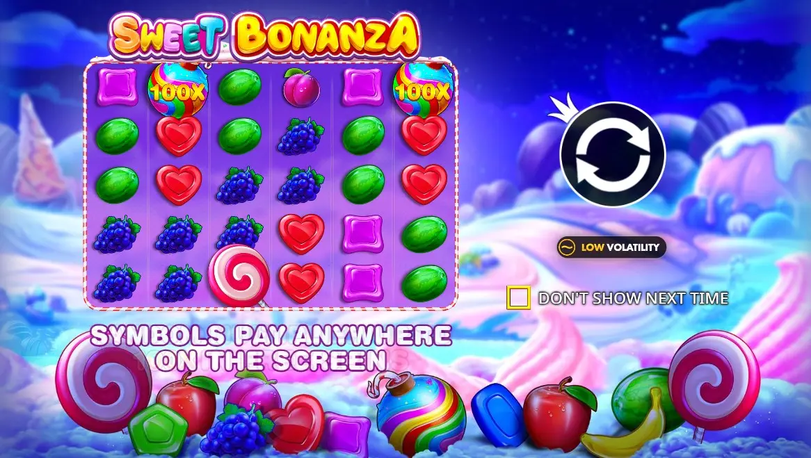 Sweet Bonanza žaidimo ekranas su vaisių ir saldainių simboliais bei daugiklio žetonais