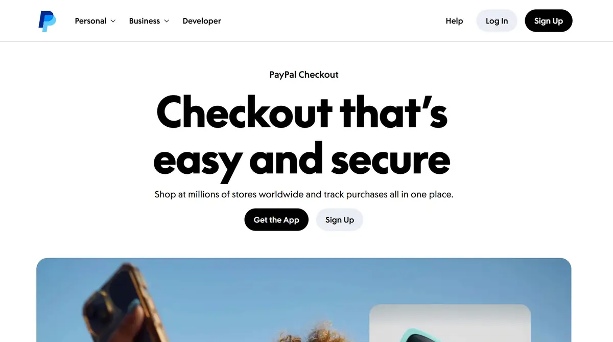 PayPal svetainės pagrindinis puslapis su atsiskaitymo aprašymu