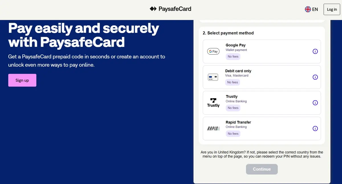 Paysafecard kupono pirkimo langas su mokėjimo būdų pasirinkimu