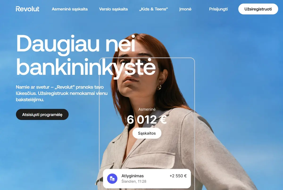 Revolut lietuviškos svetainės pagrindinis puslapis su asmeninės sąskaitos vaizdu