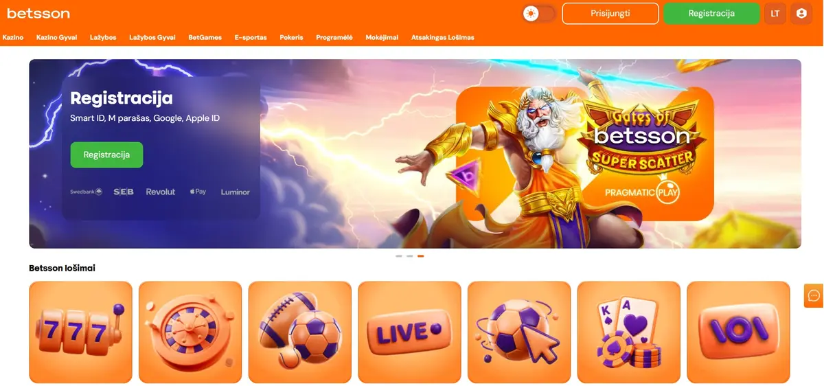 Betsson registracijos langas su banko ir mobiliųjų mokėjimų ženklais