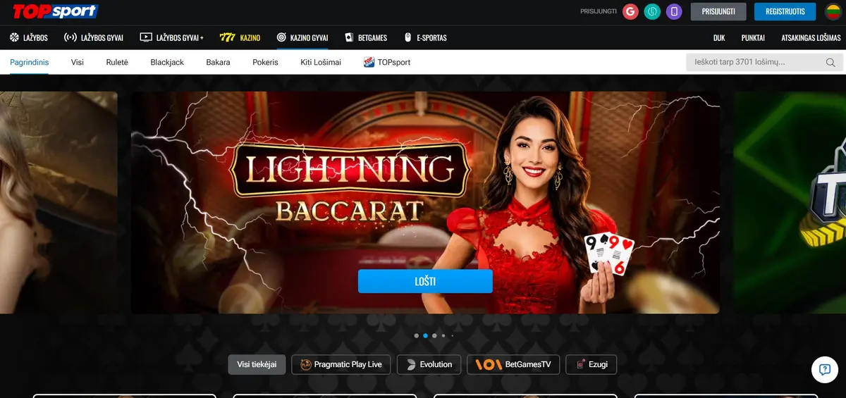 TOPsport kazino gyvai skiltis su tiekėjų filtru Pragmatic Play Live, Evolution, BetGamesTV ir Ezugi