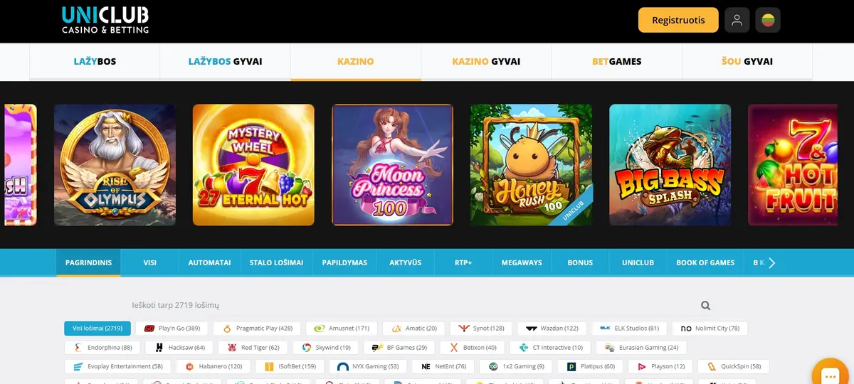 Uniclub kazino skiltis su atskira BONUS kategorija ir Mystery Wheel žaidimu